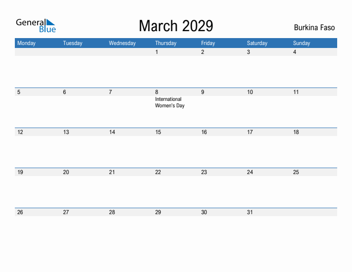 Fillable March 2029 Calendar