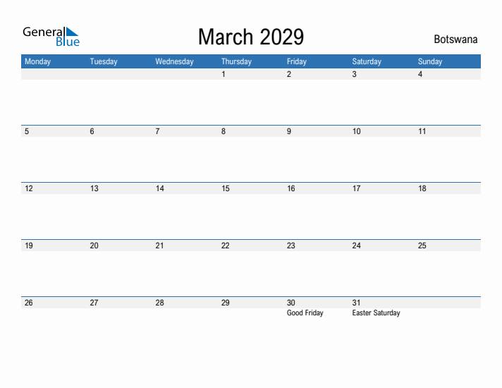 Fillable March 2029 Calendar