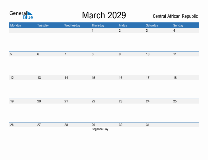 Fillable March 2029 Calendar