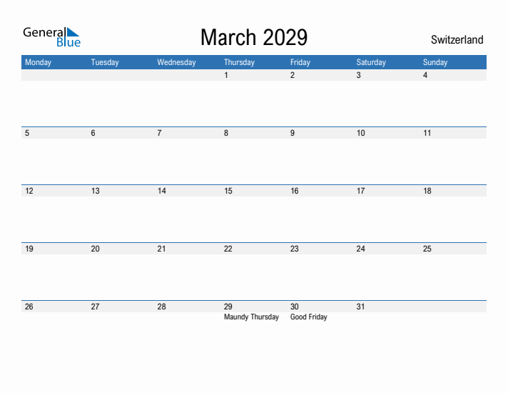 Fillable March 2029 Calendar