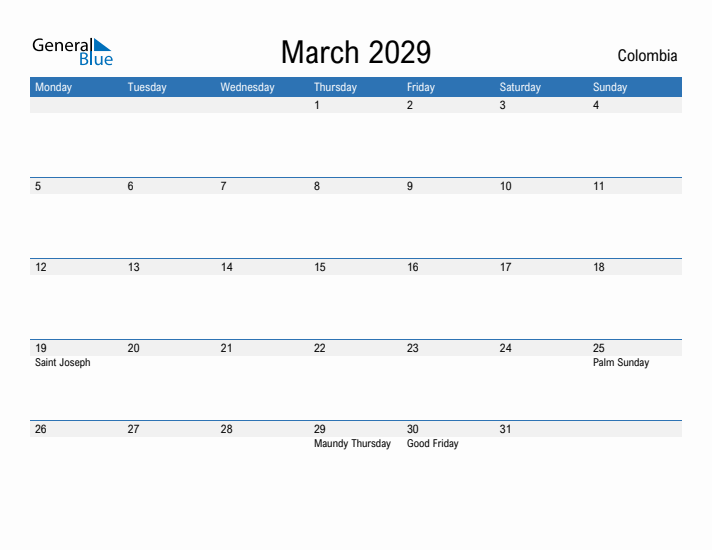 Fillable March 2029 Calendar