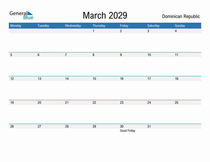 Fillable March 2029 Calendar