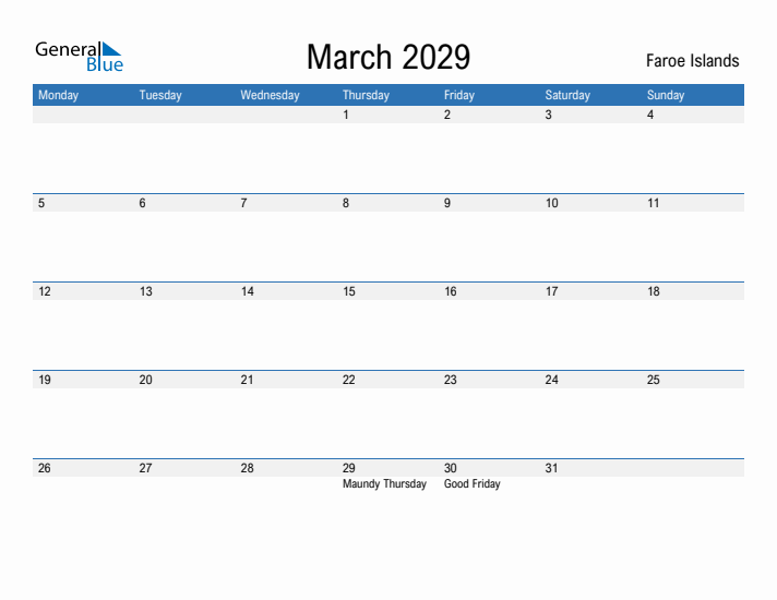 Fillable March 2029 Calendar