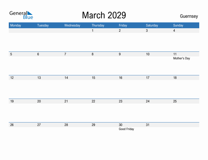 Fillable March 2029 Calendar