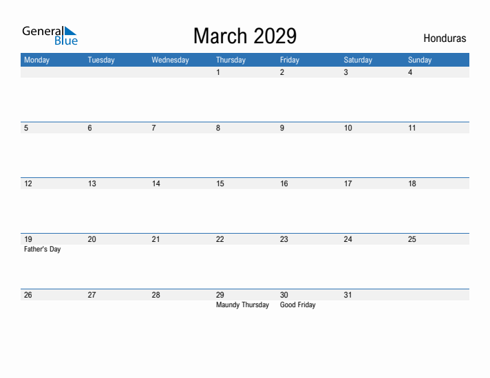 Fillable March 2029 Calendar