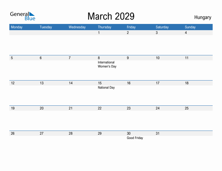 Fillable March 2029 Calendar