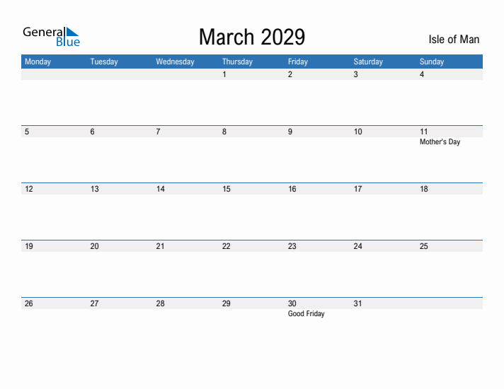 Fillable March 2029 Calendar