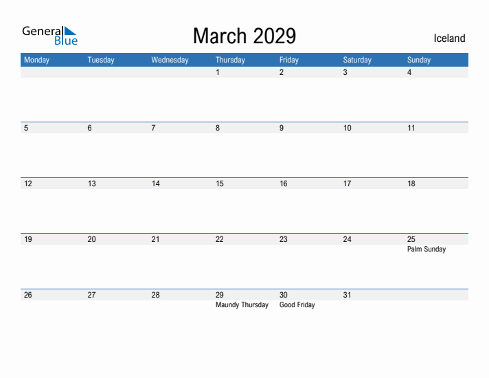 Fillable March 2029 Calendar