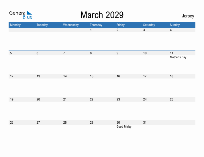 Fillable March 2029 Calendar