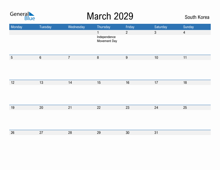 Fillable March 2029 Calendar