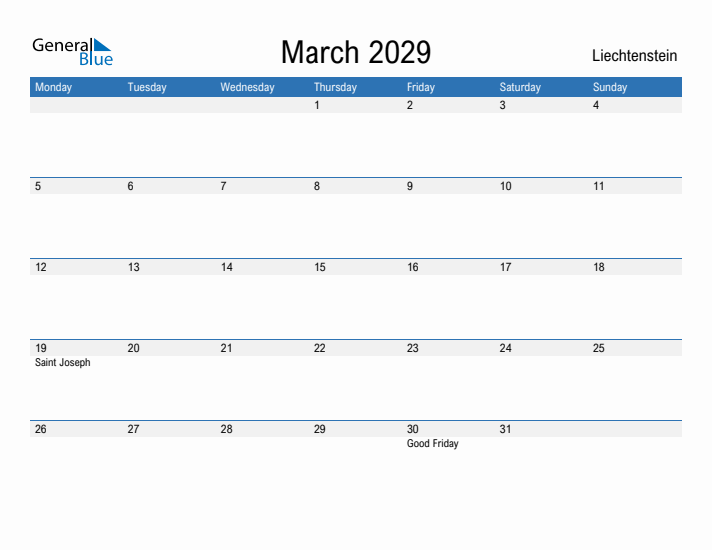 Fillable March 2029 Calendar