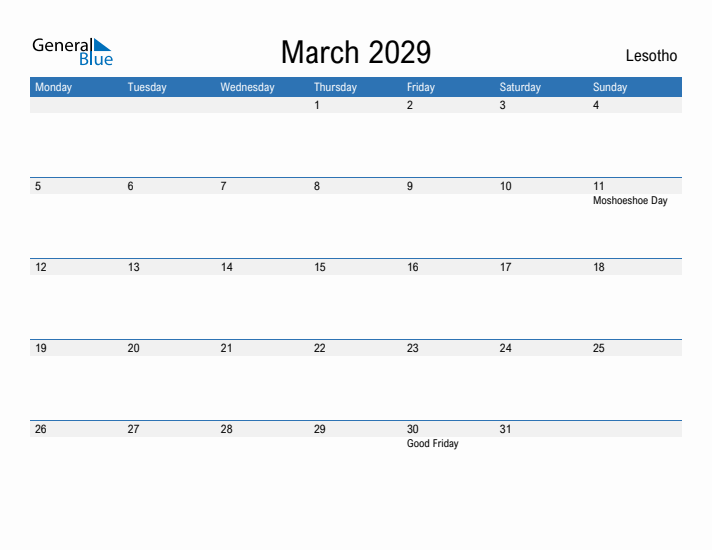 Fillable March 2029 Calendar