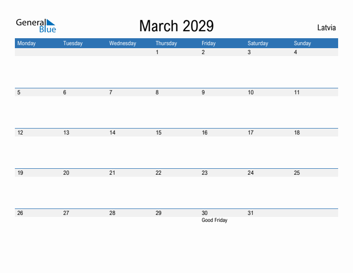 Fillable March 2029 Calendar