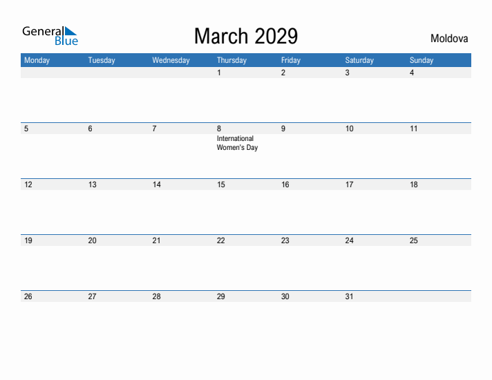 Fillable March 2029 Calendar