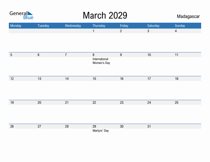 Fillable March 2029 Calendar