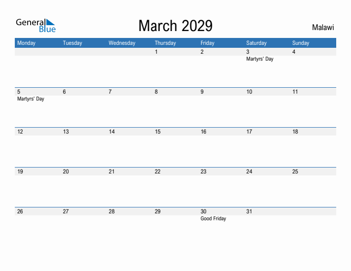 Fillable March 2029 Calendar