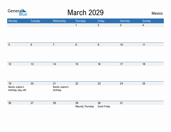 Fillable March 2029 Calendar