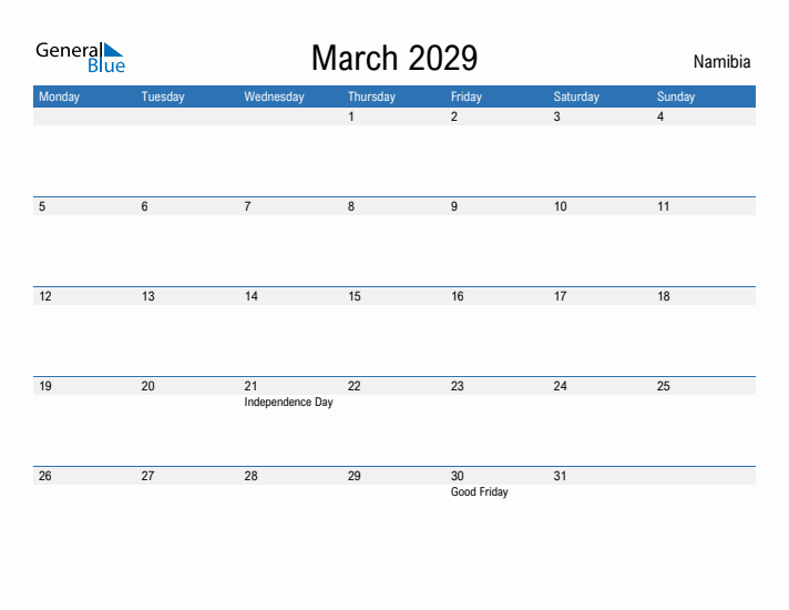 Fillable March 2029 Calendar