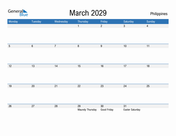 Fillable March 2029 Calendar