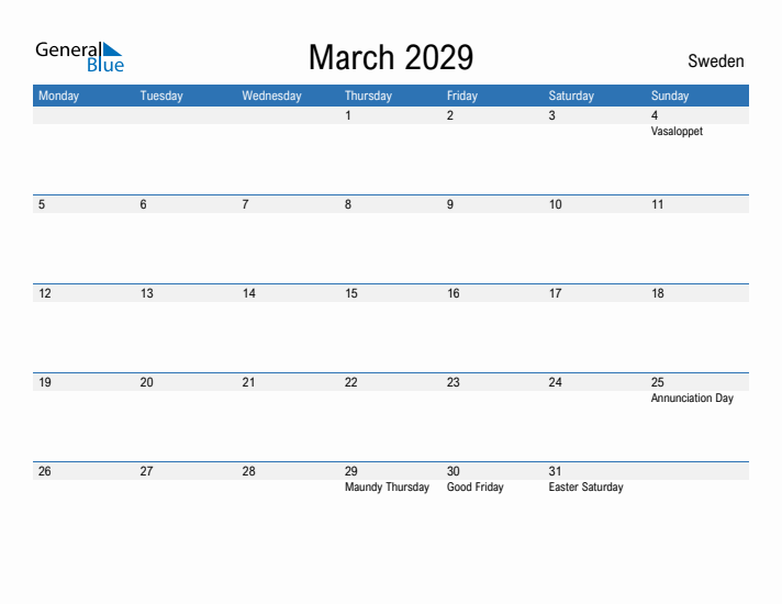 Fillable March 2029 Calendar