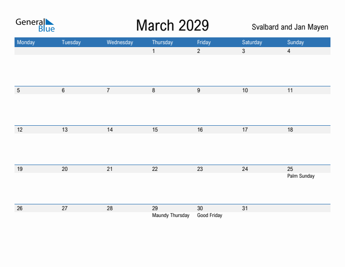 Fillable March 2029 Calendar