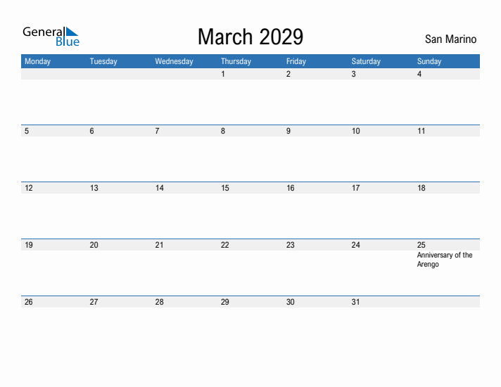 Fillable March 2029 Calendar