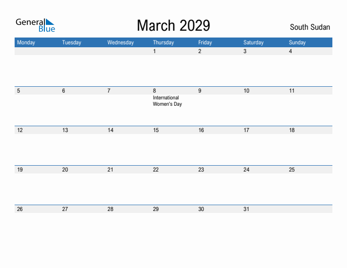 Fillable March 2029 Calendar