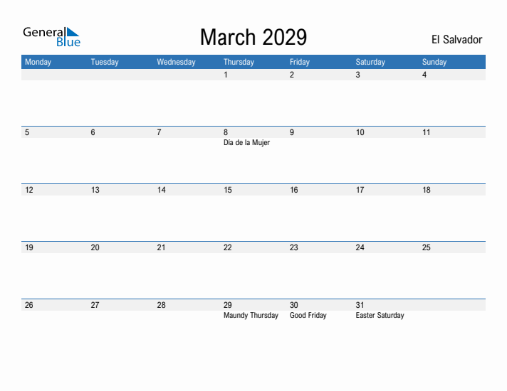 Fillable March 2029 Calendar