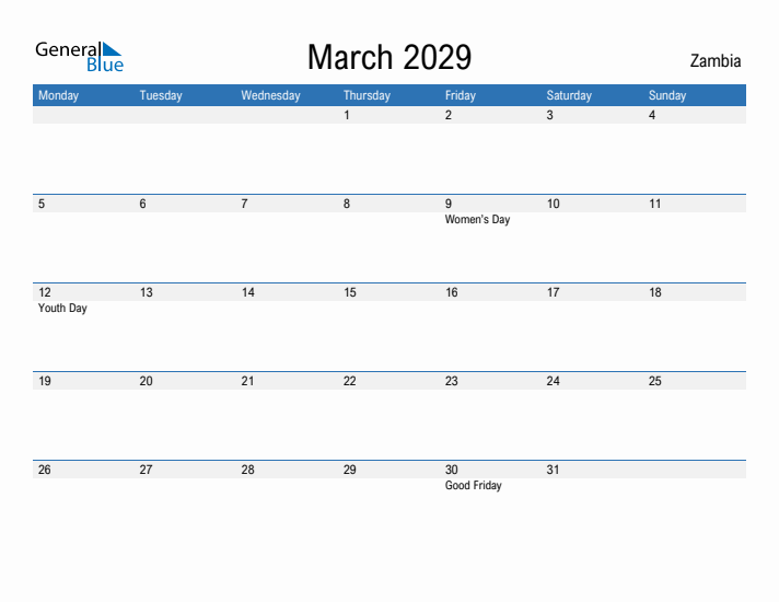 Fillable March 2029 Calendar