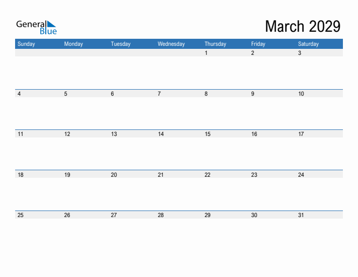 Fillable Calendar for March 2029