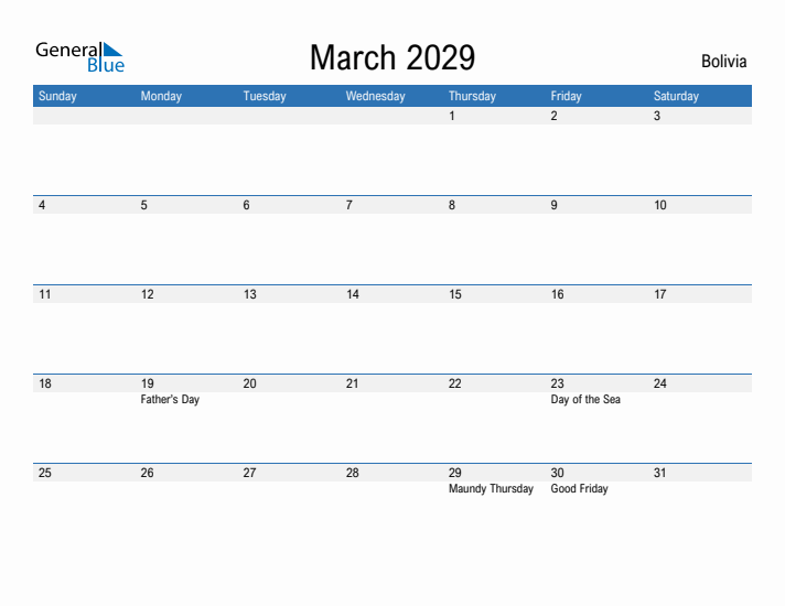 Fillable March 2029 Calendar