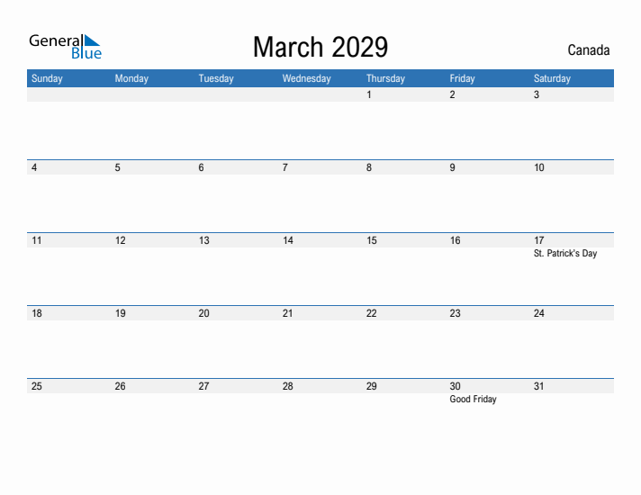 Fillable March 2029 Calendar