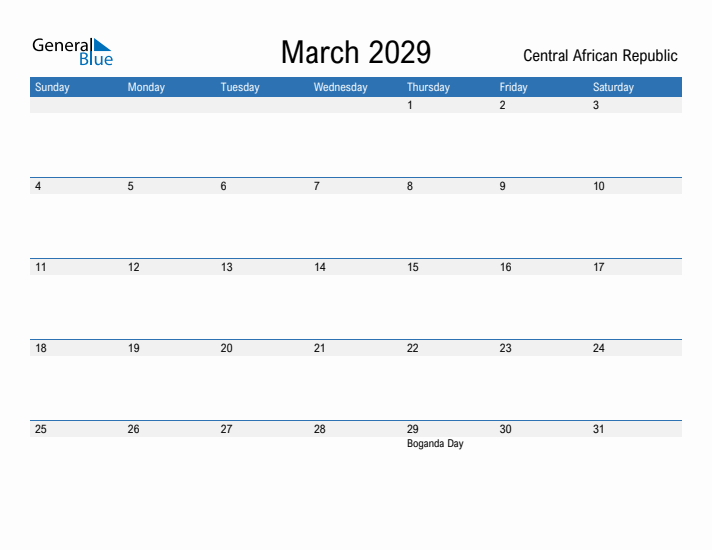 Fillable March 2029 Calendar