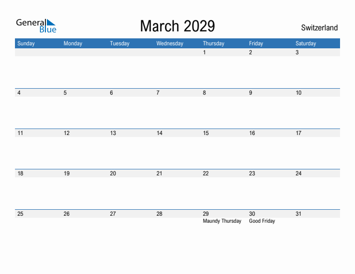 Fillable March 2029 Calendar