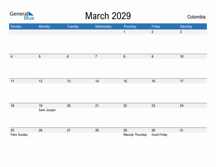 Fillable March 2029 Calendar