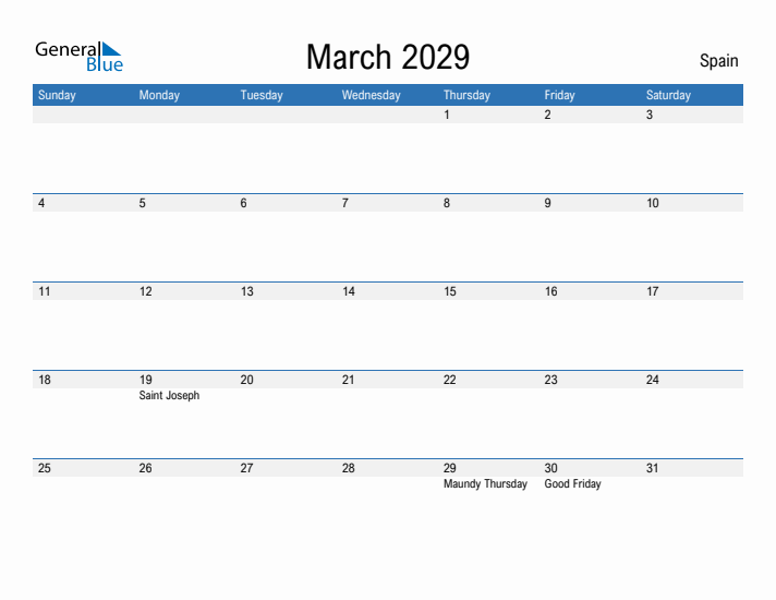 Fillable March 2029 Calendar