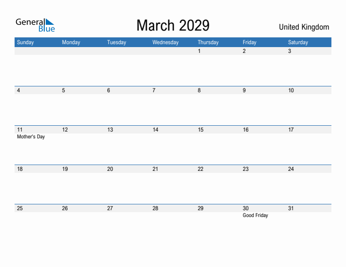 Fillable March 2029 Calendar