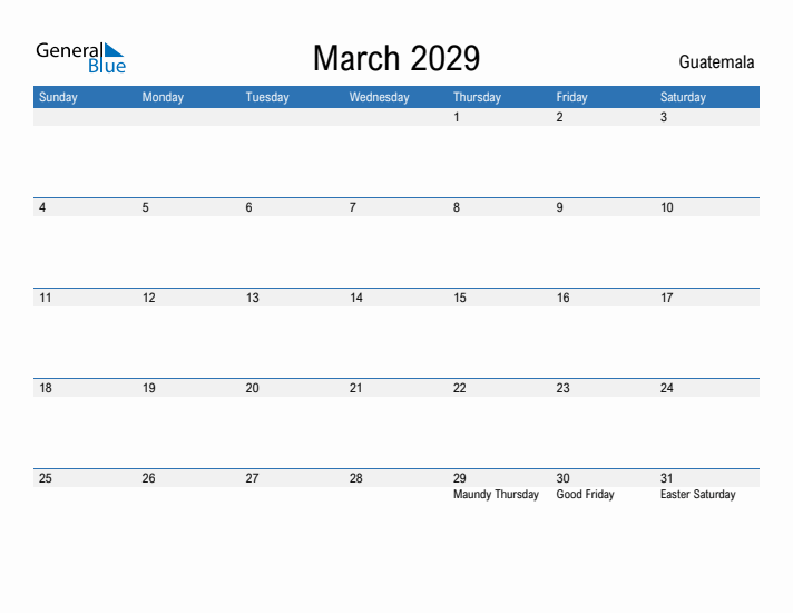 Fillable March 2029 Calendar