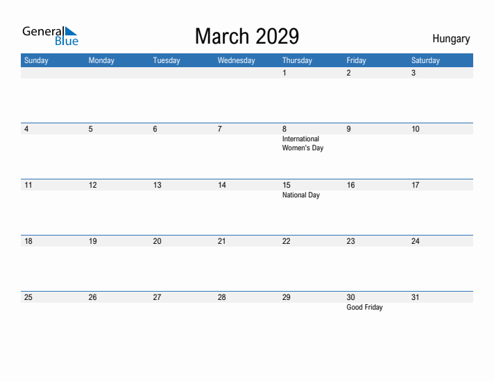 Fillable March 2029 Calendar