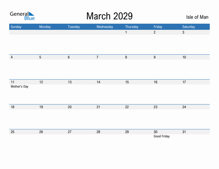 Fillable March 2029 Calendar