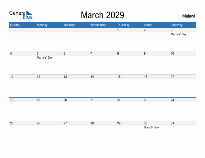 Fillable March 2029 Calendar