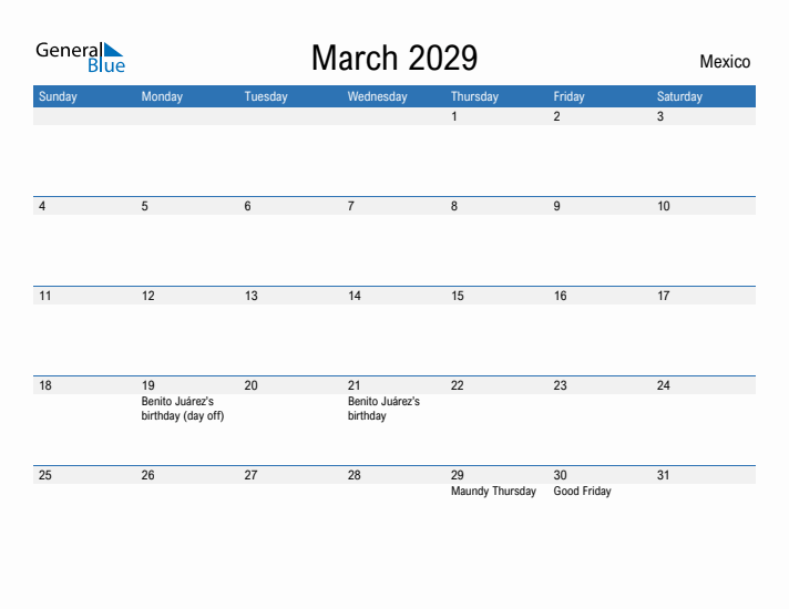 Fillable March 2029 Calendar