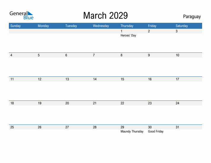 Fillable March 2029 Calendar