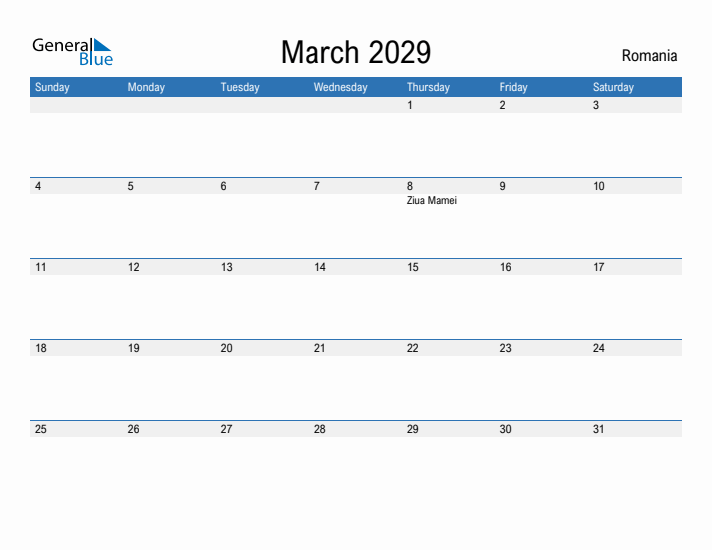 Fillable March 2029 Calendar