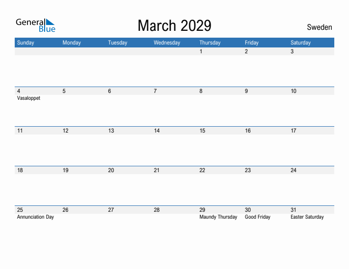 Fillable March 2029 Calendar