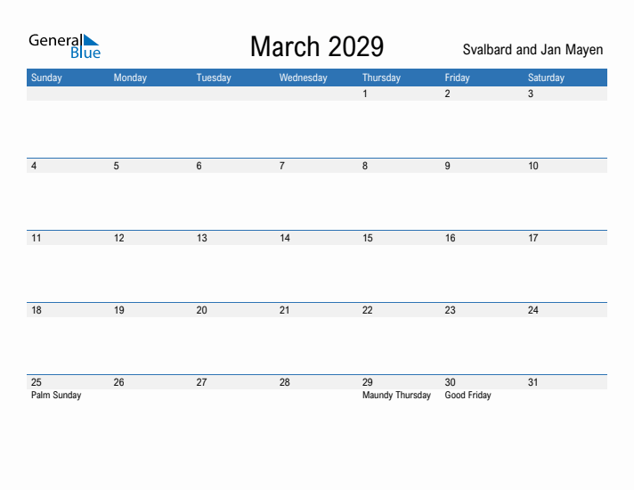 Fillable March 2029 Calendar