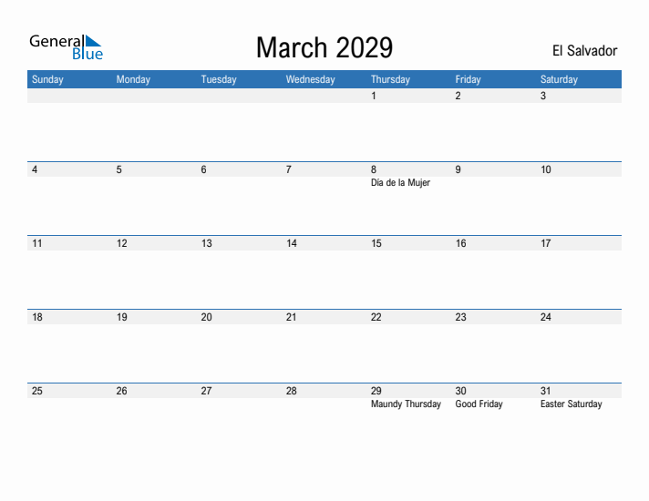 Fillable March 2029 Calendar