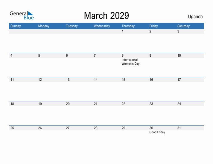 Fillable March 2029 Calendar