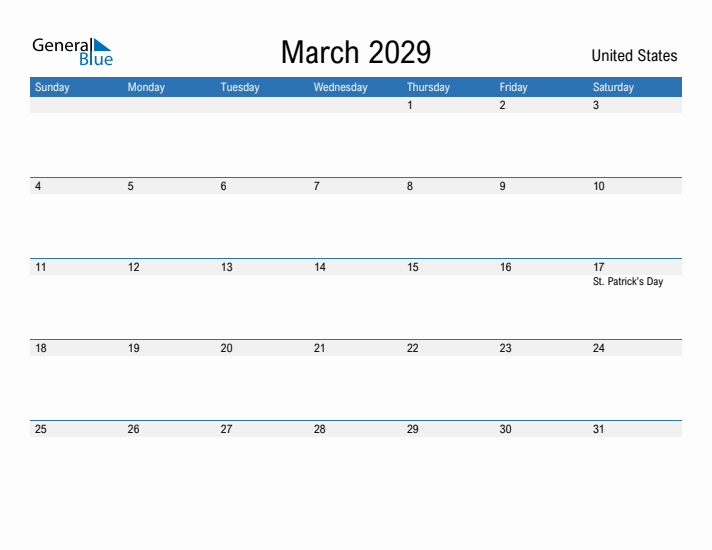 Fillable March 2029 Calendar