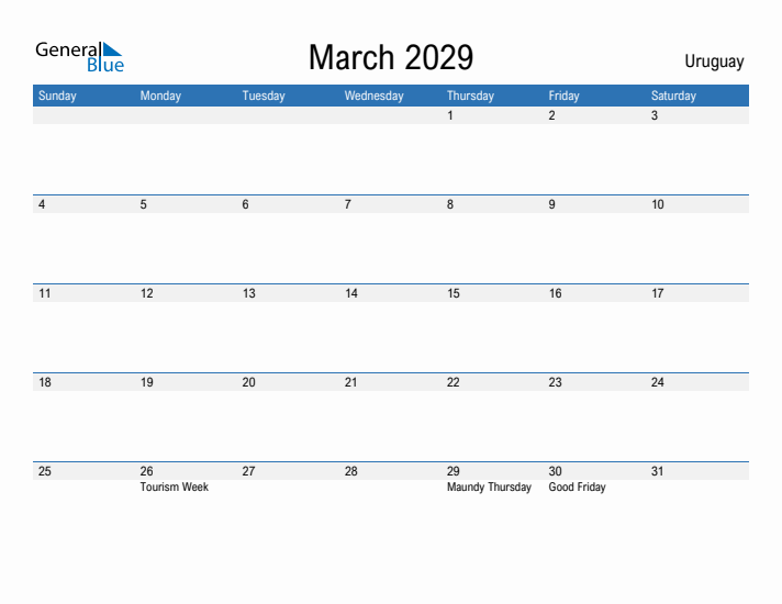 Fillable March 2029 Calendar